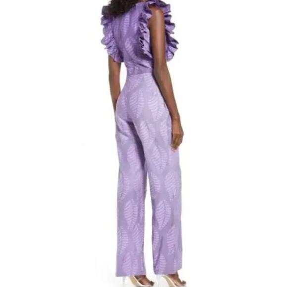 SIKA Tagoe leaf print light purple flutter sleeve long jumpsuit romper handmade - Picture 3 of 11
